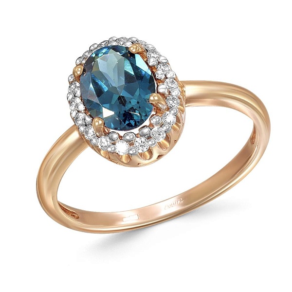 Кольцо из красного золота с кварцем и 18 фианитами