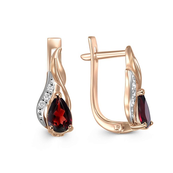 Серьги из красного золота с 2 гранатами и 6 фианитами