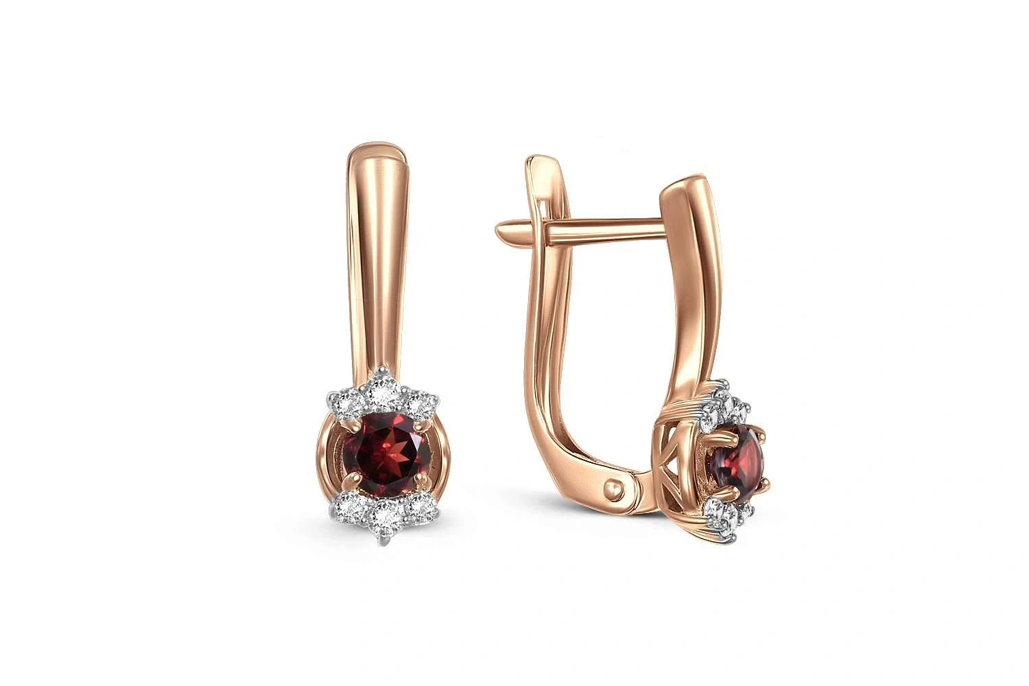 Серьги из красного золота с 2 гранатами и 12 фианитами