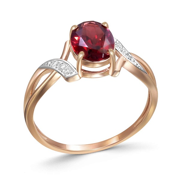 Кольцо из красного золота с гранатом и 6 фианитами