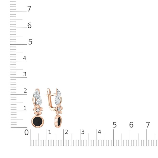 Серьги Цветы из красного золота с 2 ониксами и 18 фианитами