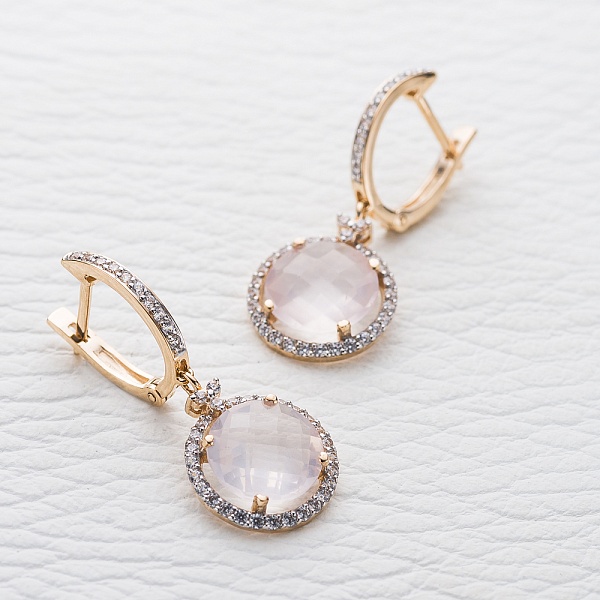 Серьги из красного золота с 2 кварцами и 78 фианитами