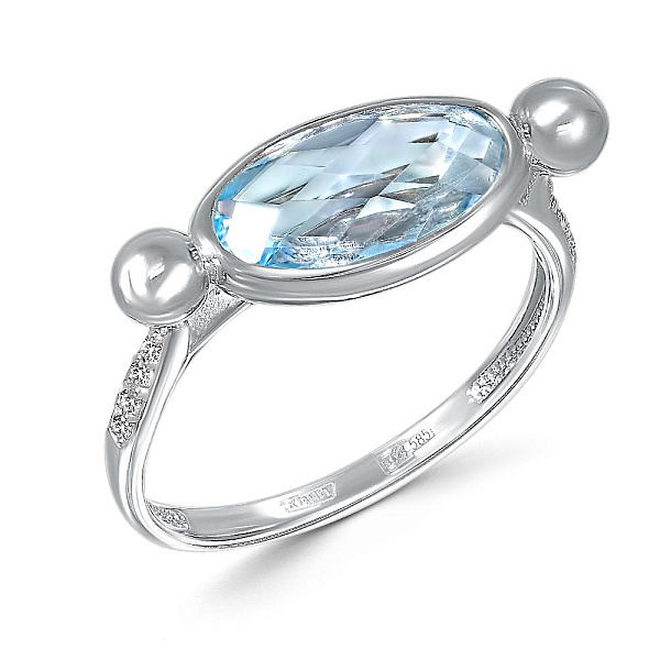 Кольцо из белого золота с топазом sky и 10 фианитами