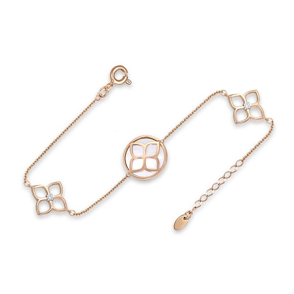 Браслет Клевер из красного золота с перламутром и 2 фианитами