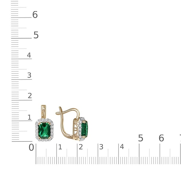 Серьги из жёлтого золота с 2 изумрудами и 36 фианитами