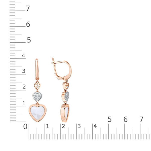 Серьги Сердца из красного золота с перламутром и 38 фианитами