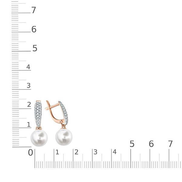 Серьги из красного золота с 2 жемчужинами и 50 фианитами