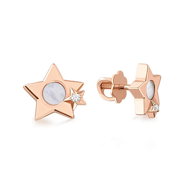 Детские серьги-пусеты Звезды из красного золота с перламутром и 2 фианитами