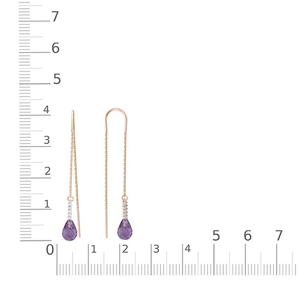 Серьги-продёвки из красного золота с 2 аметистами и 10 фианитами