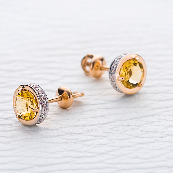 Серьги-пусеты из красного золота с 2 цитринами и 32 фианитами