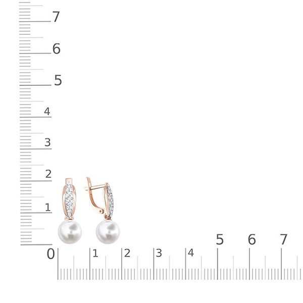 Серьги из красного золота с 2 жемчужинами и 30 фианитами