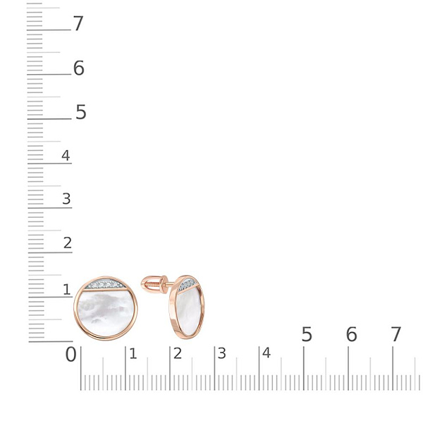 Серьги-пусеты Круги из красного золота с перламутром и 8 фианитами
