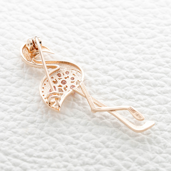 Брошь Фламинго из красного золота с 13 фианитами