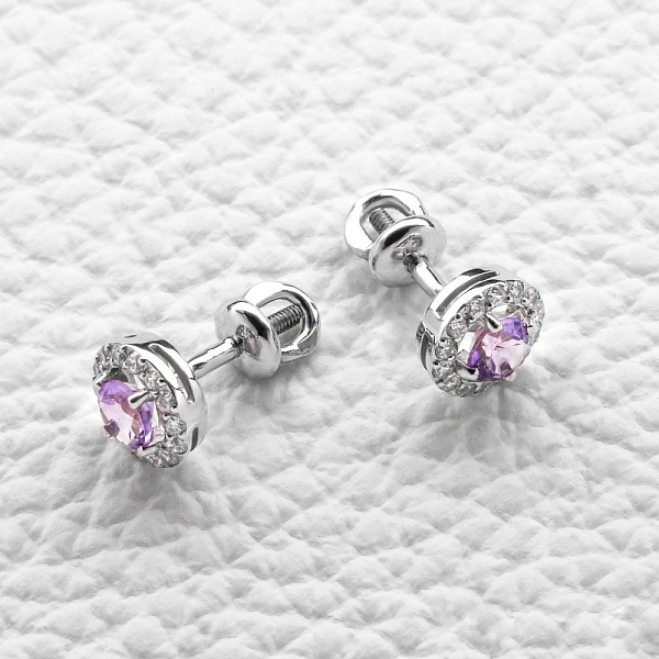 Серьги-пусеты из белого золота с 2 аметистами и 28 фианитами