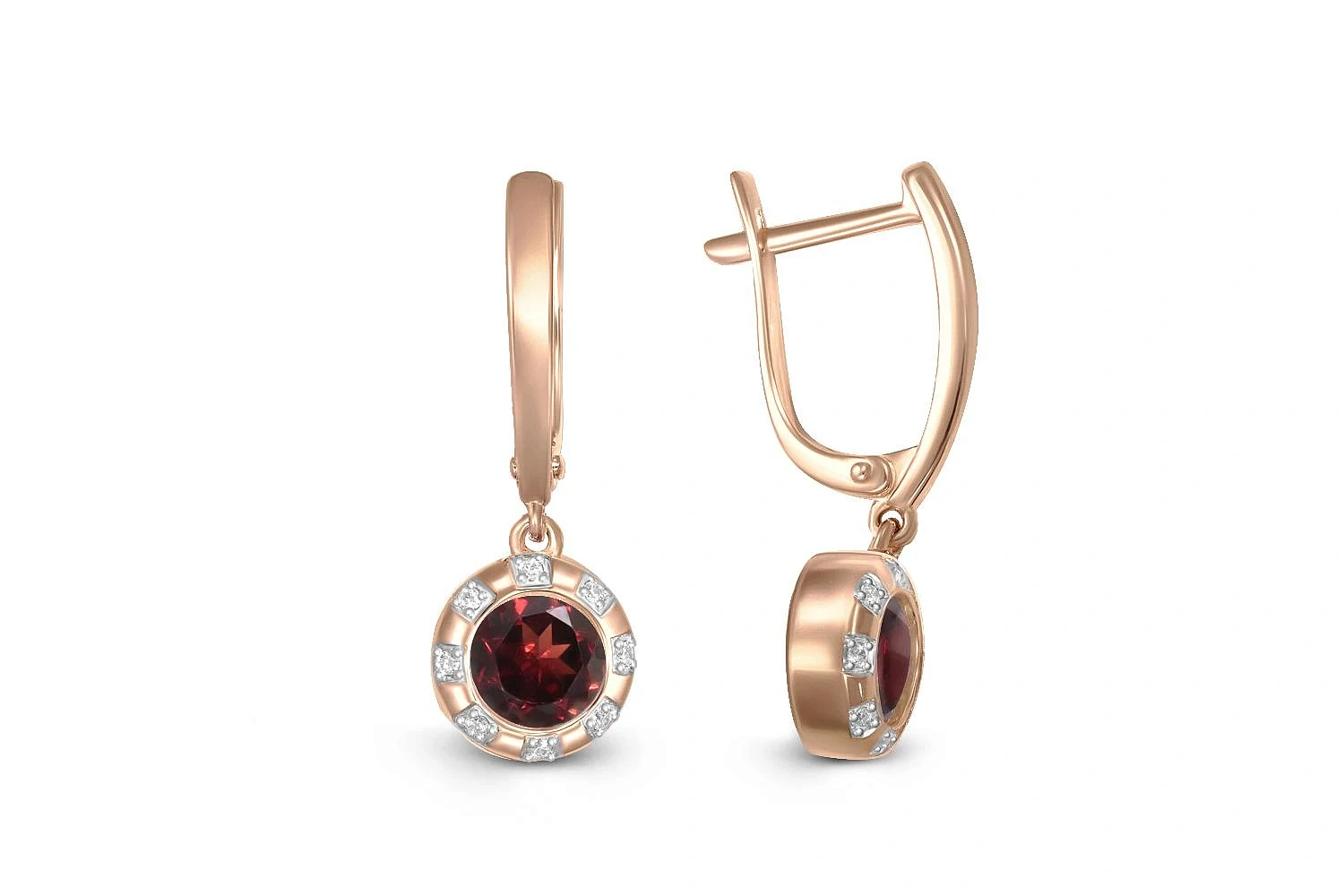 Серьги из красного золота с 2 гранатами и 16 фианитами