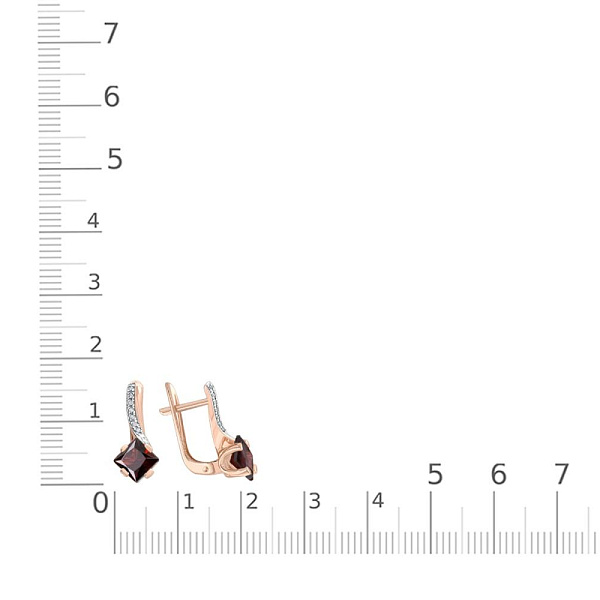 Серьги из красного золота с 2 гранатами и 14 фианитами