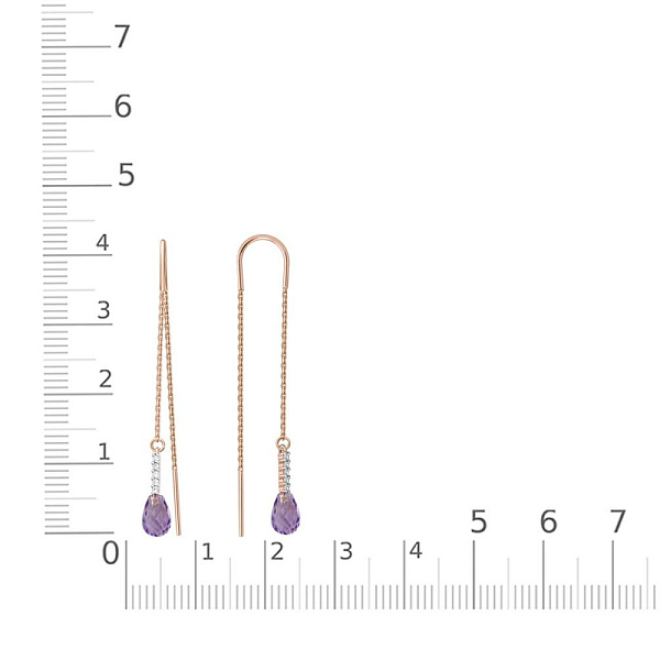 Серьги-продёвки из красного золота с 2 аметистами и 10 фианитами