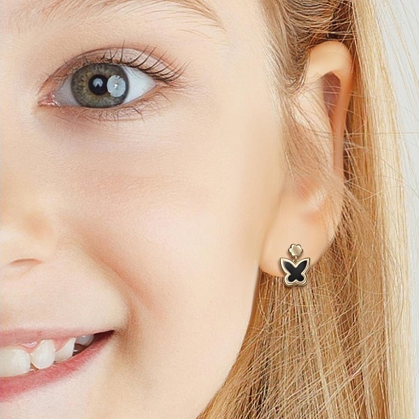 Детские серьги-пусеты Бабочки из жёлтого золота с 2 ониксами