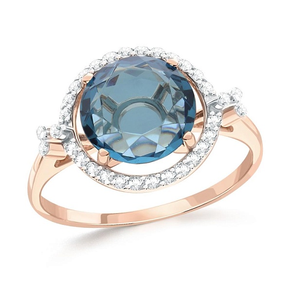 Кольцо из красного золота с кварцем и 32 фианитами