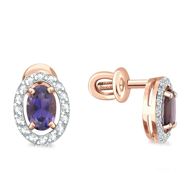 Серьги-пусеты из красного золота с 2 иолитами и 32 фианитами