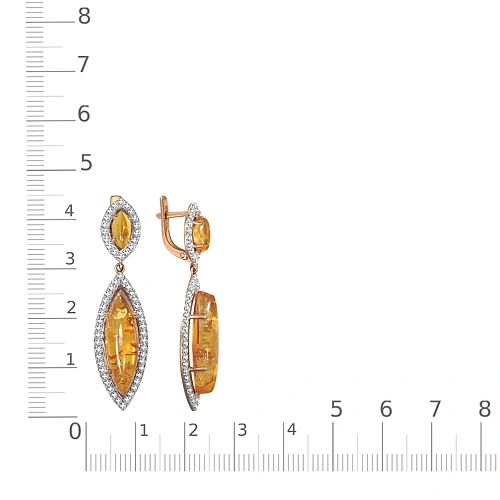Серьги из красного золота с янтарём и 116 фианитами