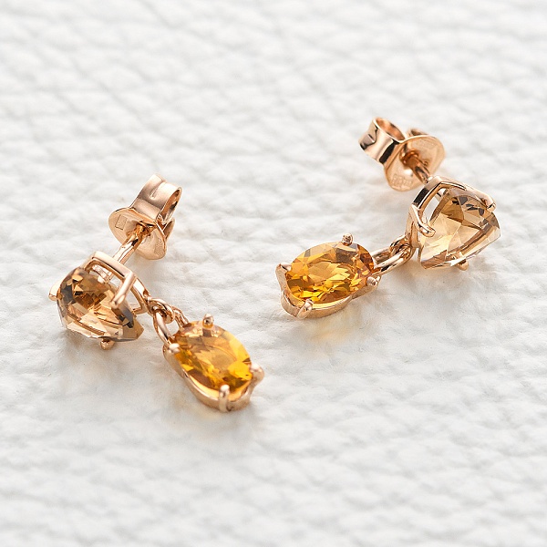 Серьги-пусеты из красного золота с 2 цитринами и 2 раухтопазами