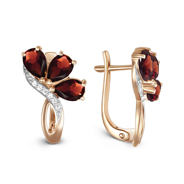 Серьги Цветы из красного золота с 6 гранатами и 12 фианитами