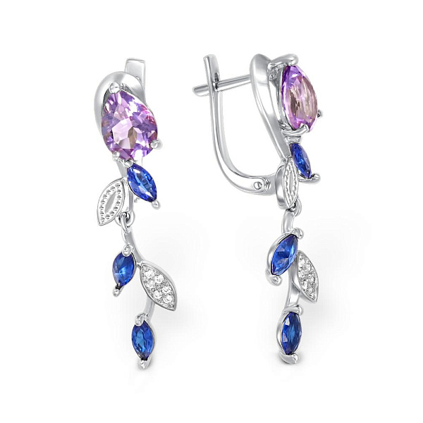 Серьги Веточки из белого золота с 2 аметистами и 18 фианитами