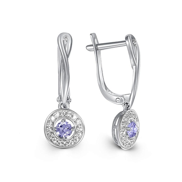 Серьги из белого золота с 2 танзанитами и 34 фианитами