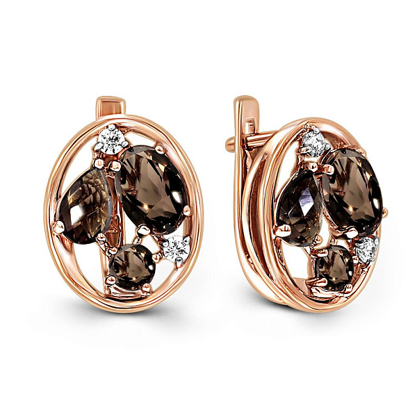 Серьги из красного золота с 6 раухтопазами и 4 фианитами