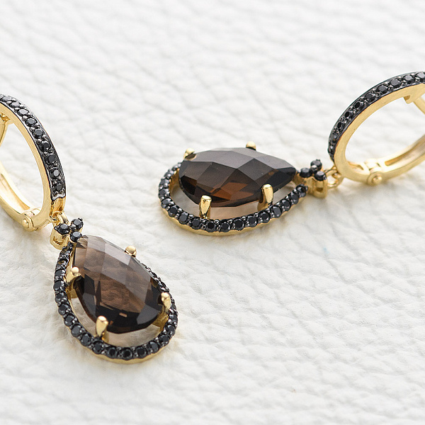 Серьги из жёлтого золота с 2 раухтопазами и 78 фианитами