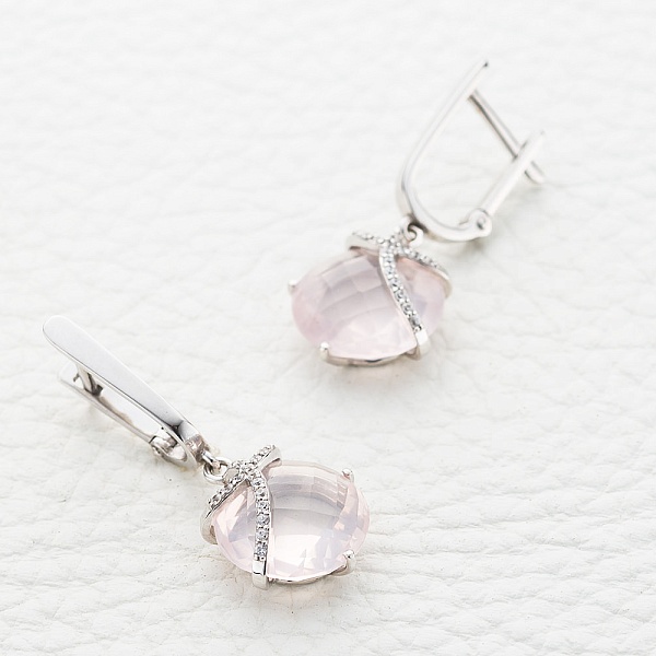 Серьги из белого золота с 2 кварцами и 32 фианитами