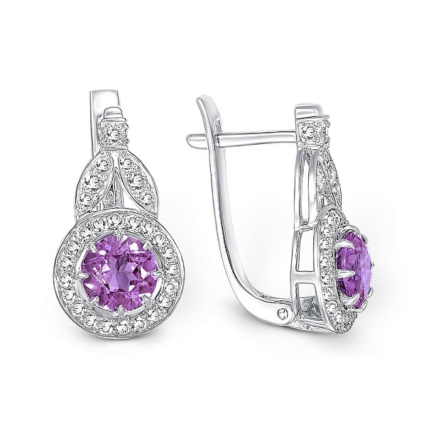 Серьги из белого золота с 2 аметистами и 58 фианитами