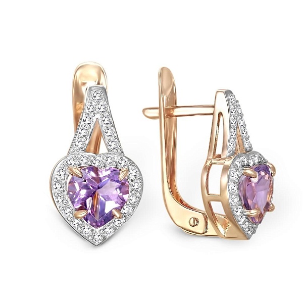 Серьги Сердца из красного золота с 2 аметистами и 54 фианитами