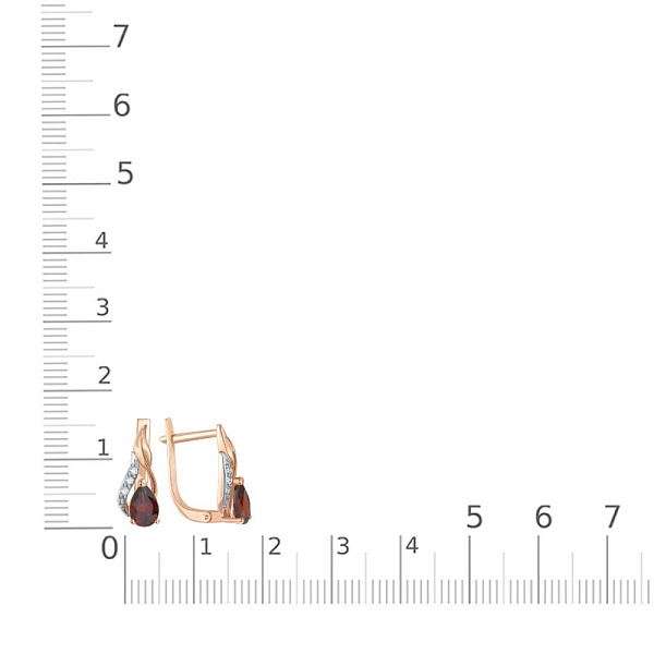 Серьги из красного золота с 2 гранатами и 6 фианитами