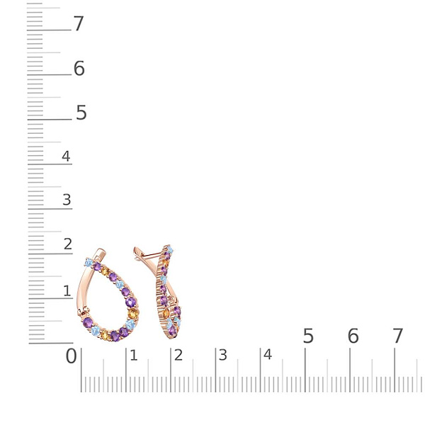 Серьги из красного золота с аметистами, топазами sky и цитринами