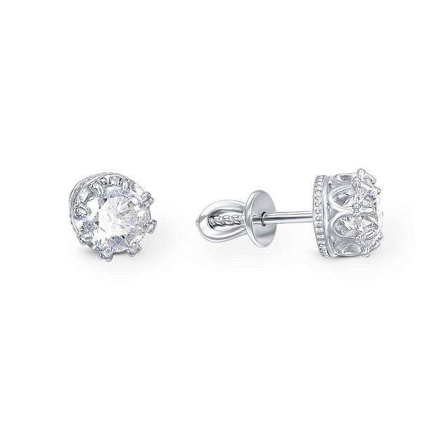 Серьги-пусеты Короны из белого золота с 2 кристаллами swarovski