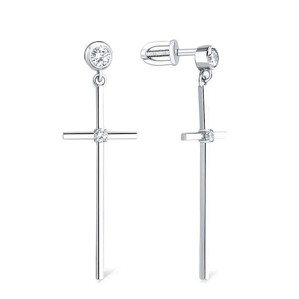 Серьги-пусеты Кресты из белого золота с 4 фианитами