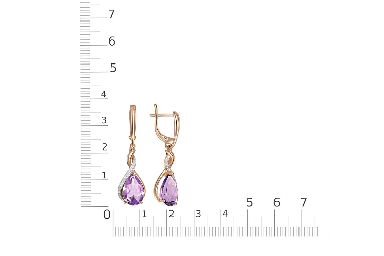 Серьги из красного золота с 2 аметистами и 24 фианитами