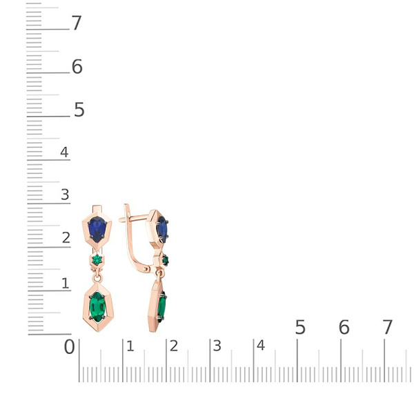 Серьги из красного золота с 4 изумрудами и 2 корундами