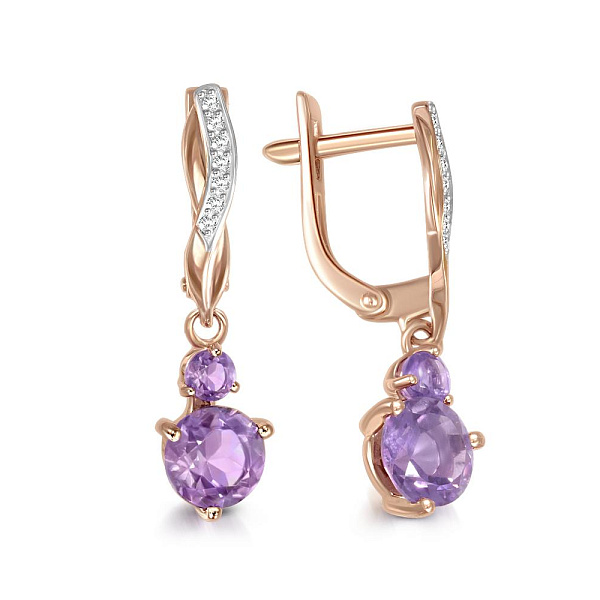 Серьги из красного золота с 4 аметистами и 14 фианитами