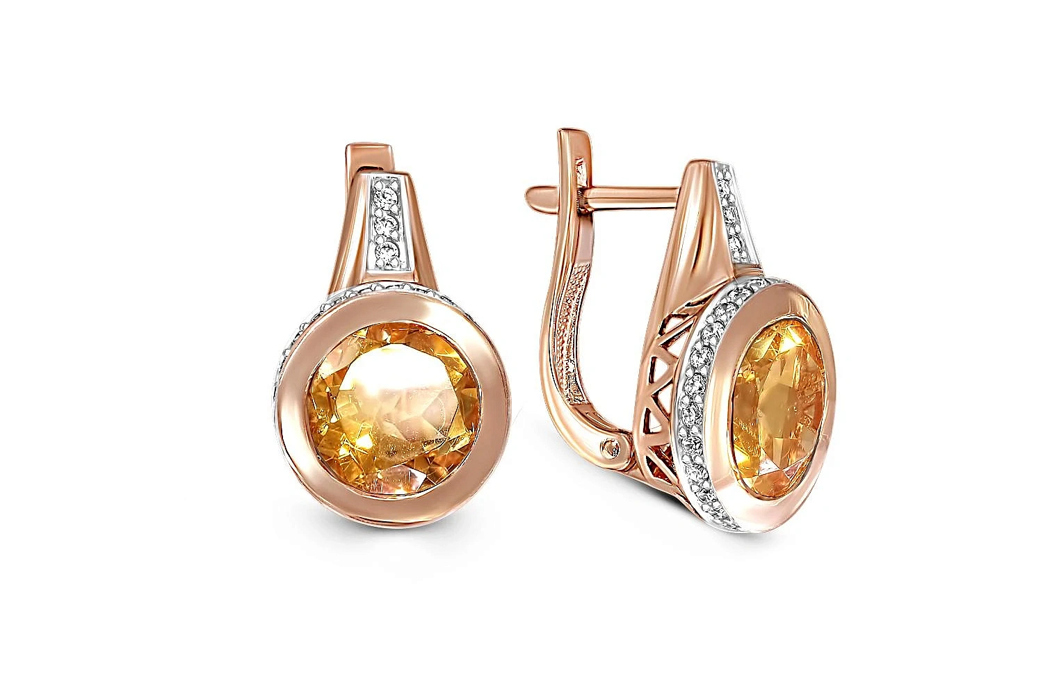 Серьги из красного золота с 2 цитринами и 58 фианитами