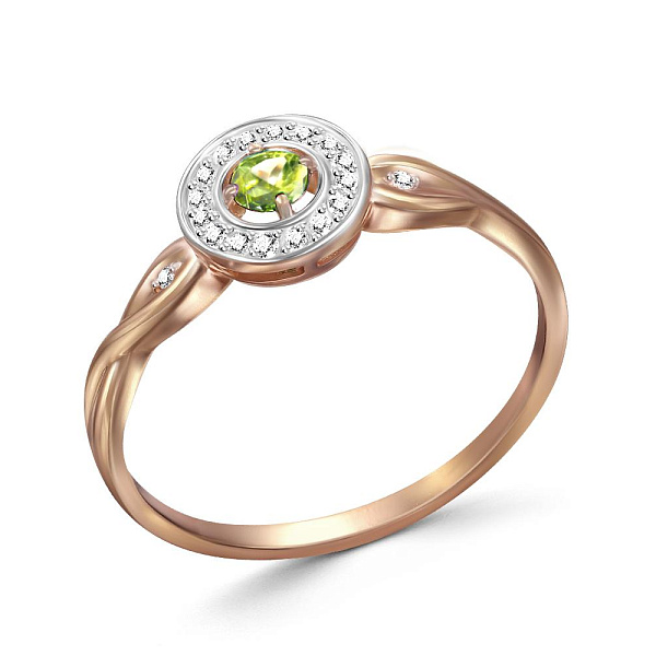 Кольцо из красного золота с хризолитом и 18 фианитами