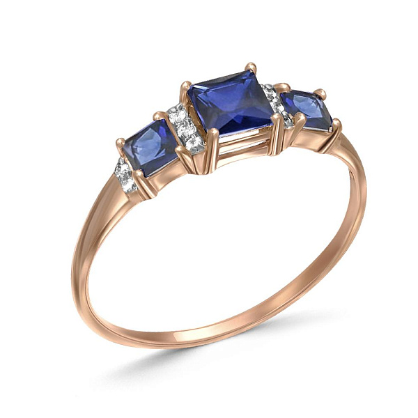 Кольцо из красного золота с 3 сапфирами и 10 бриллиантами