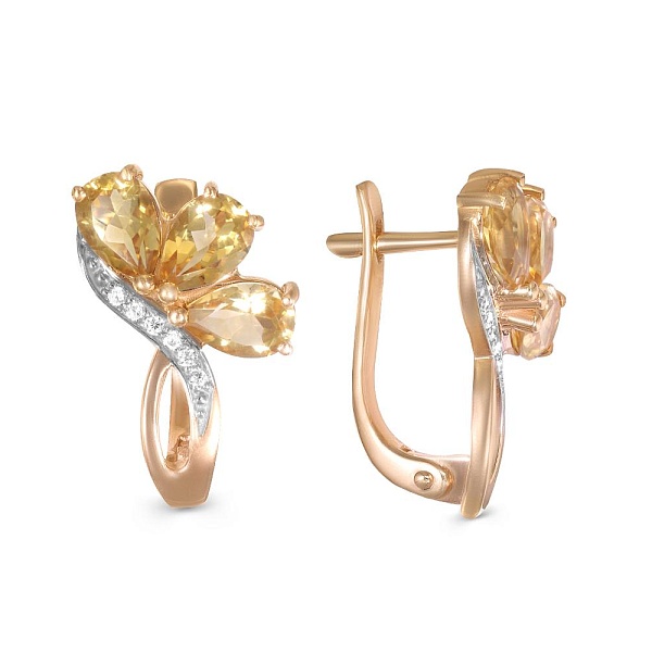 Серьги Цветы из красного золота с 6 цитринами и 12 фианитами