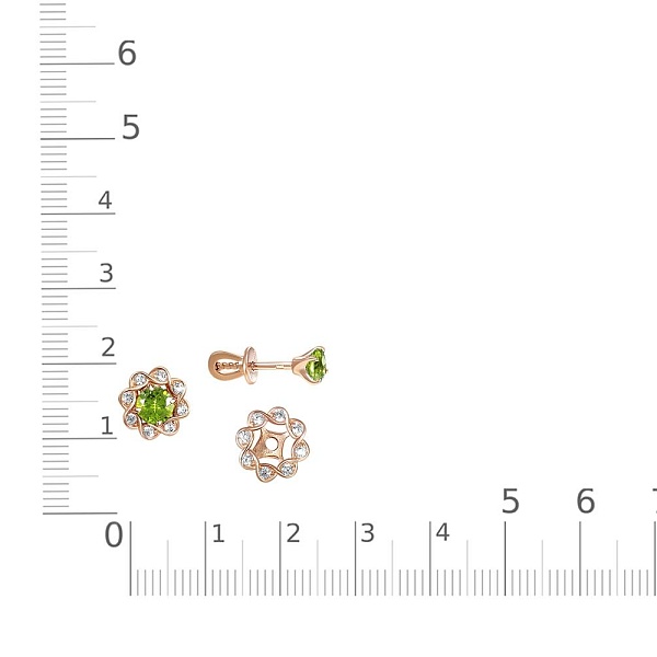 Серьги-пусеты из красного золота с 2 хризолитами и 16 фианитами