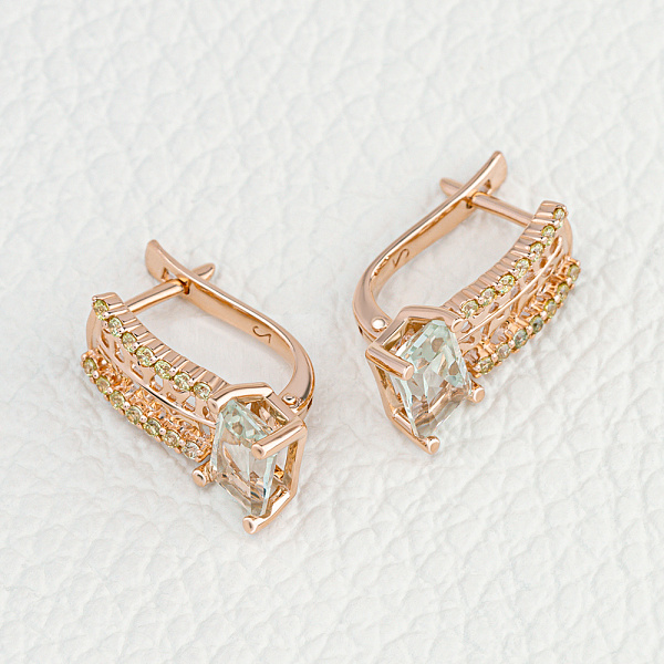 Серьги из красного золота с 2 празиолитами и 28 фианитами