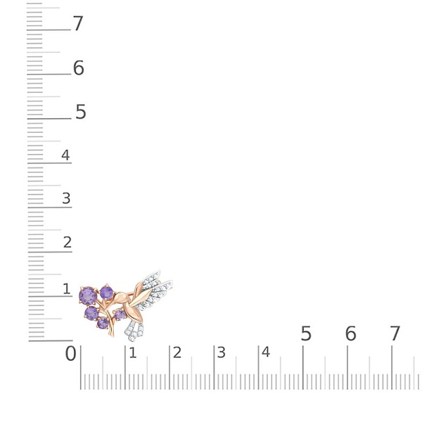 Брошь Колибри из красного золота с 5 аметистами и 20 фианитами
