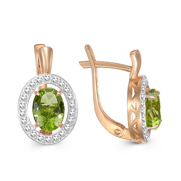 Серьги из красного золота с 2 хризолитами и 44 фианитами