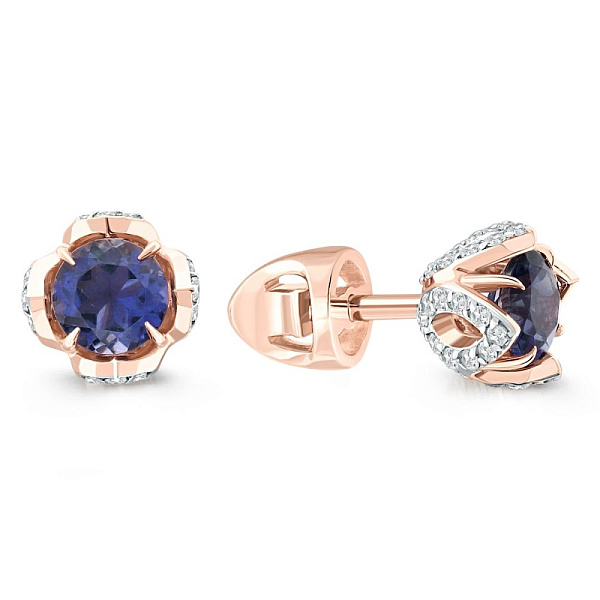 Серьги-пусеты Цветы из красного золота с 2 иолитами и 80 фианитами